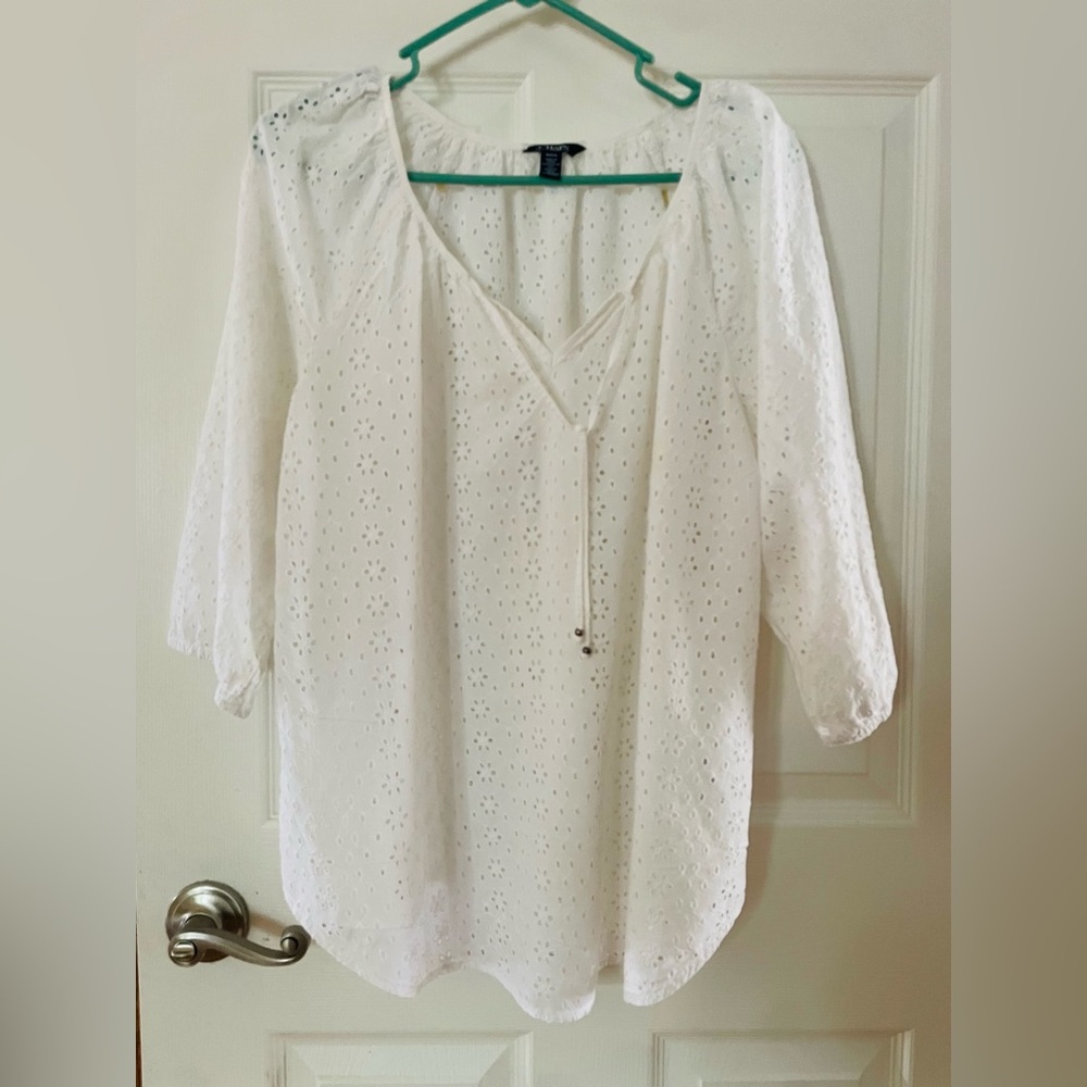 Chaps White Eyelet Tunic with V-Neck Tie